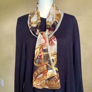 Nautical Scarf in golds, reds, black. Colonial theme. Semi-sheer. 10” x 52”